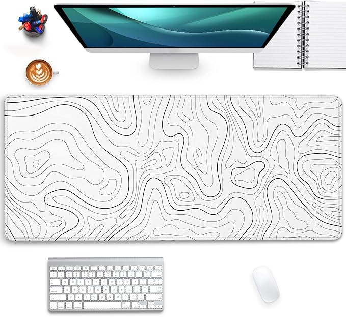 White Topographic Mouse Pad,Gaming Desk Pad with Stitched Edges Non-Slip Rubber Base Extended XL Mousepad Big Desk Mat for Office Home Work(27.5X11.8 Inch)