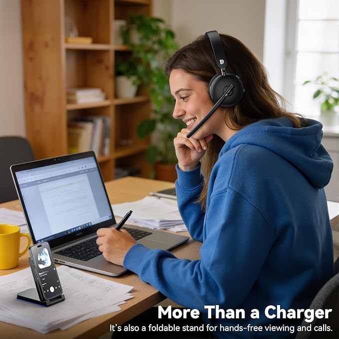 Wireless Headset with Mic for Work-Bluetooth 5.3 Headset with Microphone Noise Cancelling, Wireless Headsets with 65H Battery & 10Min Fast Charge, Smart Charging Dock for PC/Laptop/Team, Black