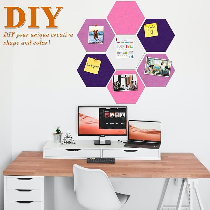Large Hexagon Felt Cork Board Tiles, Self Adhesive DIY Felt Bulletin Board Pin Board with 35 Pushpins for Office School Home Wall Decor(Purple+Light Purple+Pink)
