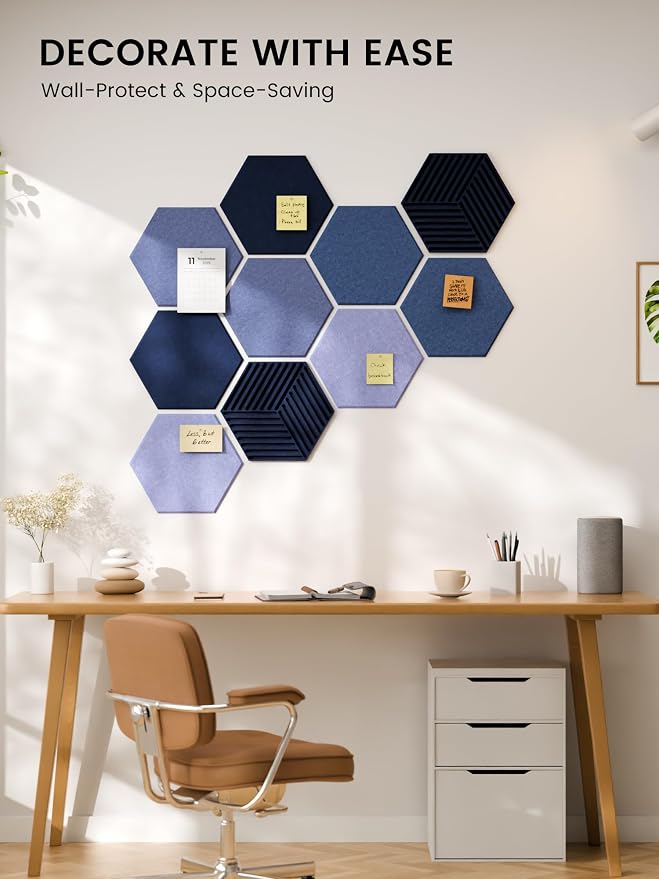 Fluxynara 10-Pack Hexagon Cork Board Alternative, Denim Mist | Felt Bulletin Board with 50 Adhesive Tabs, Ideal for Vision Boards and Wall Decor in Homes, Offices, Classrooms, and Dorms