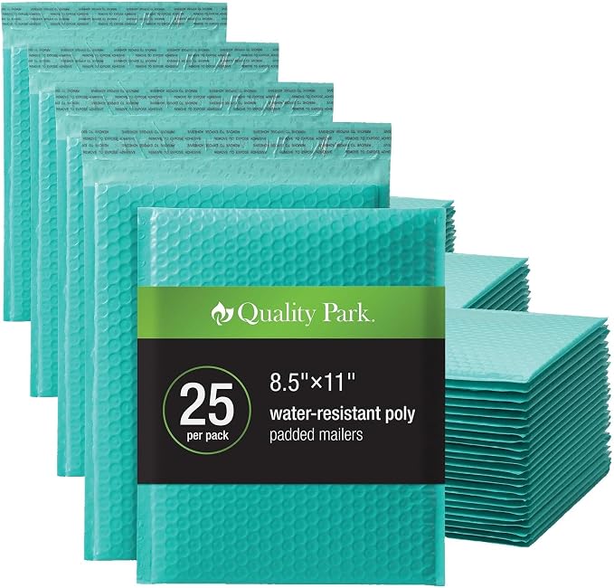 Quality Park Bubble Mailers, 8.5 x 11 Shipping Envelopes, Water Resistant Teal Poly Padded Envelopes, Redi-Strip Peel Off Closure, 25 Per Box (QUA85860) (Pack of 4)