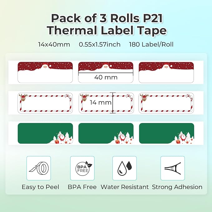 NELKO Genuine P21 Label Maker Tape,14x40mm, 3-Roll, Christmas Theme | Easy to Peel, BPA-Free, Strong Adhesion, Water-Resistant & Oil-Proof, Great for School, Office, Home, Kitchen, Black on White