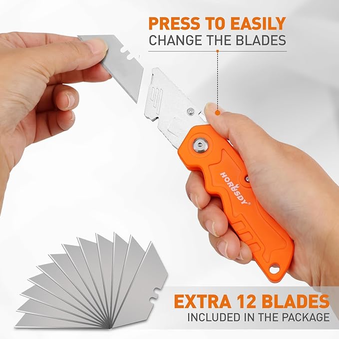 HORUSDY 4-Pack Folding Utility Knife Set, Heavy-Duty Box Cutters with 12 Extra Blades, Quick-Change Razor Knives with Color-Coded Handles (Green/Blue/Red/Orange) for Jobsite, Warehouse & Home Use