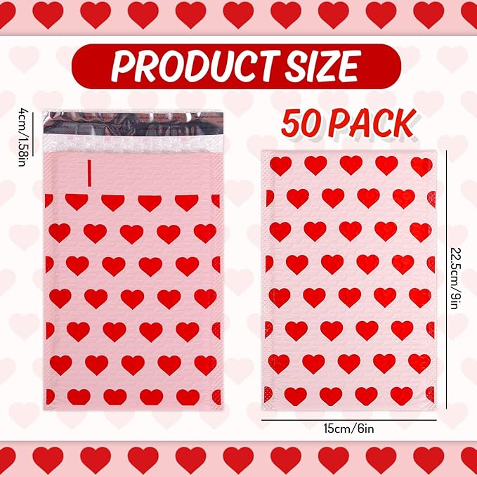 Whaline 50Pcs Valentine Bubble Mailers Red Heart Poly Padded Envelope Self Seal Mailer Bag For Small Business Boutique Packaging Mailing Makeup Clothes Document, 6 x 9 Inch