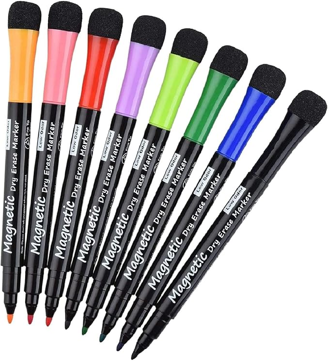 Magnetic Dry Erase Markers - Fine Tip, Assorted Colors, 8 Pack, Low Odor Whiteboard markers for kids, Work On White board & Calendar, Refrigerator, (OF038)
