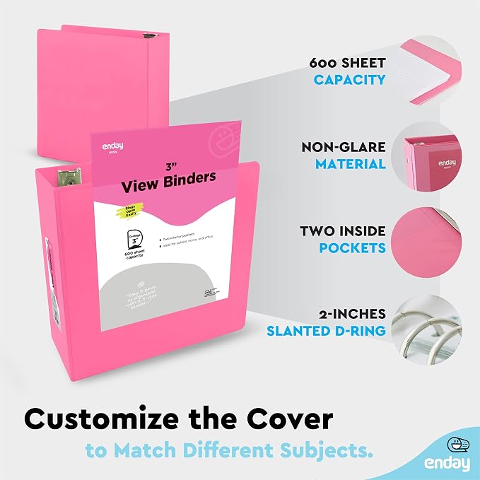 Enday 3 Inch Binder Pink 3 Ring Binder 3 Inch, Heavy Duty Three Ring Binder, 600 Sheets Capacity - 3 Inch Binder for Home School and Office