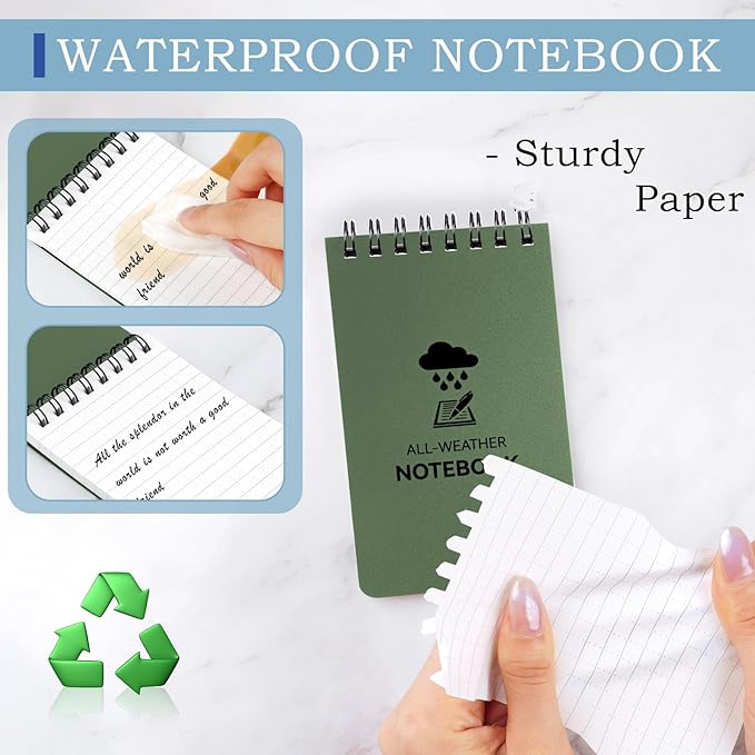 6 Pack Waterproof Notebook, 3 x 5 Pocket Notepad, Top-Spiral Weatherproof NotePad, All Weather Police Pocket Notebook Little Memo Steno Note Pads for Outdoor Office School Recording, Army Green