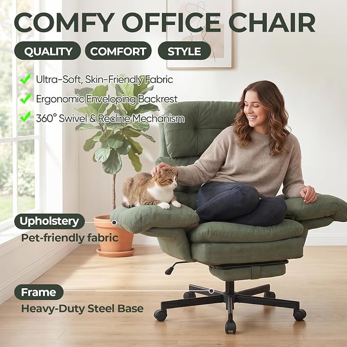Criss Cross Office Chair with Foot Rest, Big and Tall Office Desk Chair with Flip Armrests for Pets & Cross Legged Sitting, Comfy Executive Ergonomic Reclining Computer Gaming Vanity Chair, Green