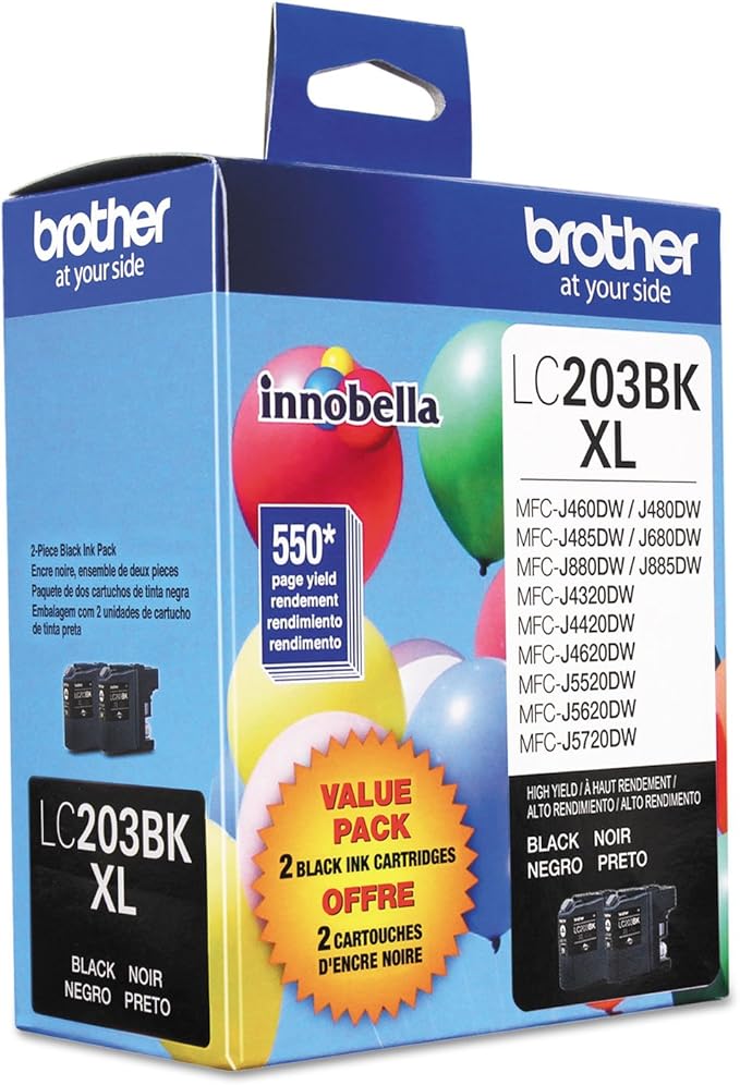 Brother Genuine High Yield Black Ink Cartridges, LC2032PKS, Replacement Black Ink Two Pack, Includes 2 Cartridges of Black Ink, Page Yield Up to 550 Pages/Cartridge, LC203