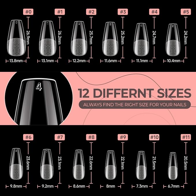 UNA GELLA Coffin Nails Tips 504pcs 12 Sizes, Pre-buffed Soft Gel Nail Tips | Full Cover Medium Coffin Press On Fake Nails for Acrylic False Nails Extension Home DIY Salon Gifts for Women and Girls