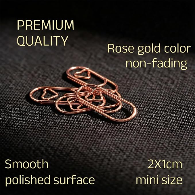 200 Pcs Cute Rose Gold Heart Shaped Paper Clips, Mini Stainless Steel Decorative Paperclips for Office School Home Desk Organizers, Wedding Invitation Accessories (Rose Gold)