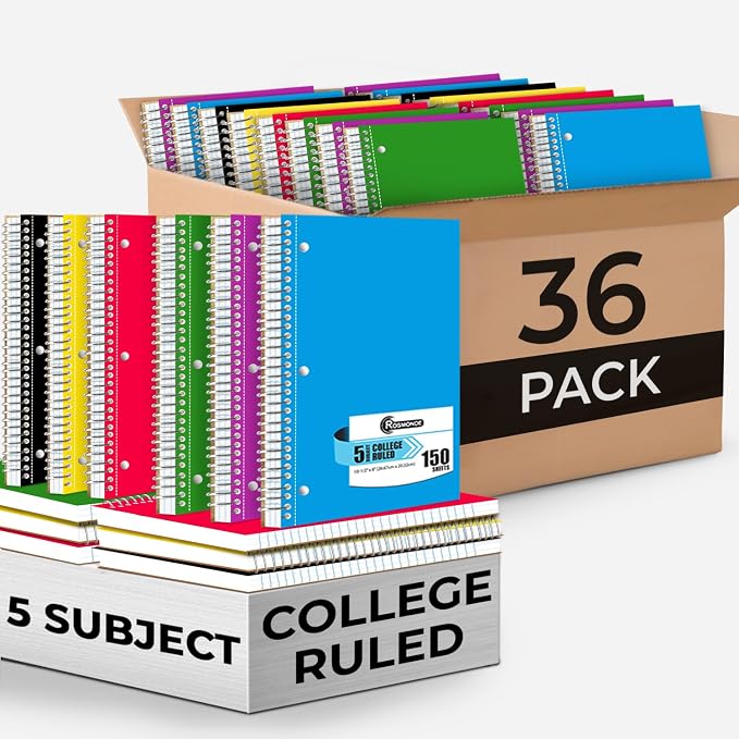 36 Pack, 5 Subject Notebook College Ruled, 150 Sheets (300 Pages) | Sturdy Spiral Journal Notebook, College Ruled, 8 x 10-1/2, School & Office Bulk Spiral Notebooks, 300 Pages, Assorted Colors