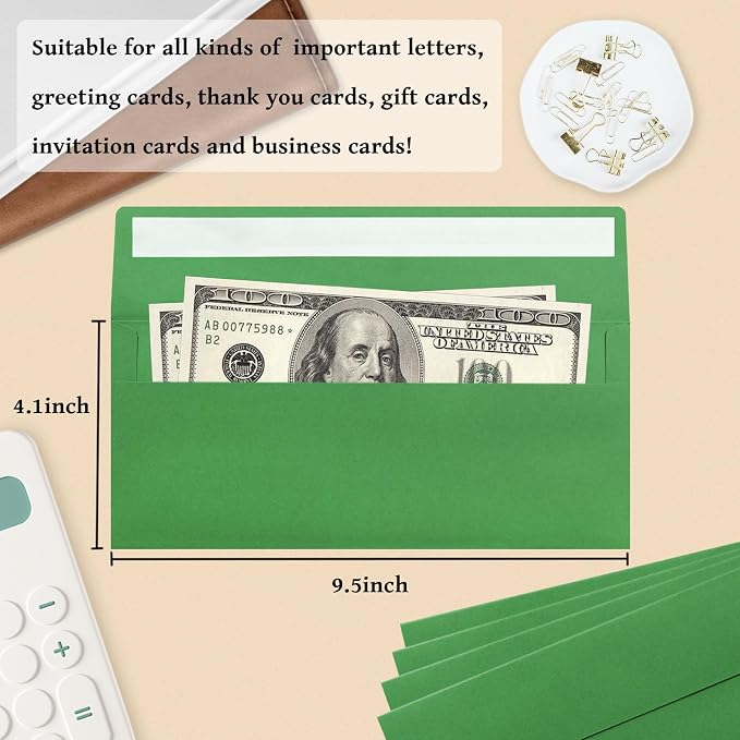 200 Pack #10 Business Envelopes, Green Standard Envelopes Self Seal, Letter Size Mailing Envelopes for Checks Letters Invoices Statements Christmas Birthday Graduation Wedding, 4 1/8 x 9 1/2 Inch