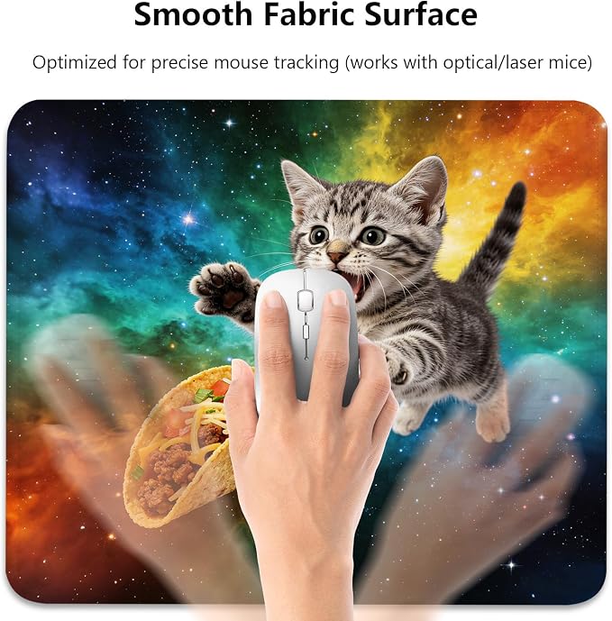Adorable Space Cat Chasing Taco Mouse Pad, Rainbow Galaxy Durable Desk Mat | Funny Design, Cute Mousepad Stitched, Anti-Slip Base Smooth Surface, 9.5 x 7.9 Inches