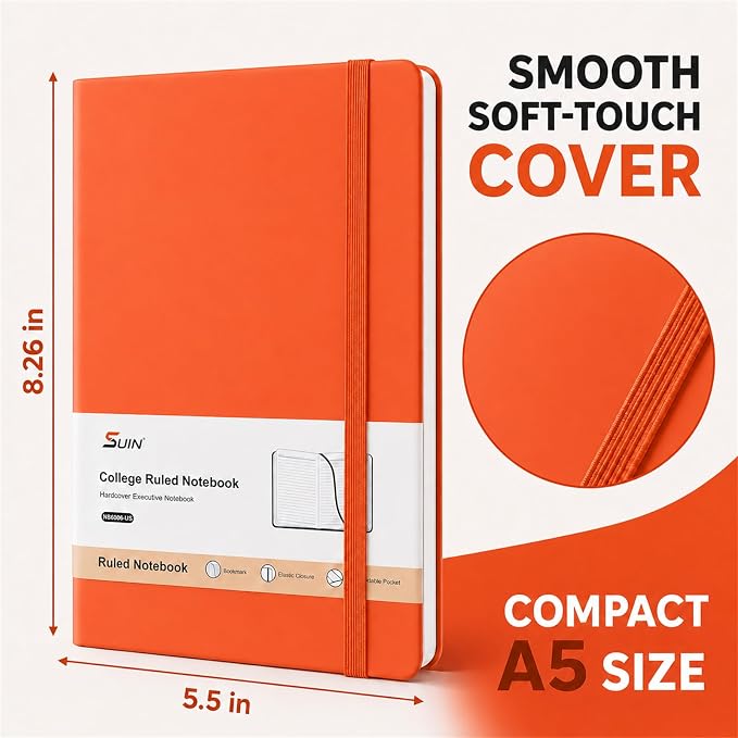 Hardcover-Journal-Notebooks, A5 Lined Journals Notebook for Writing 200 Pages, 8.2 x 5.5 inch, Classic Ruled Notebooks for Work/Travel/College (Orange- 6 Pack)