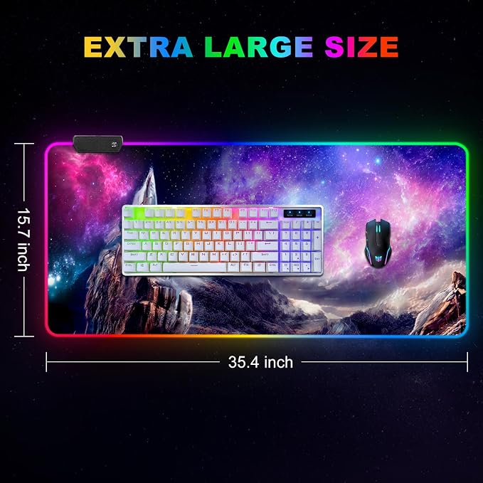 RGB Gaming Mouse Pad, Large Extended Soft Led Mouse Pad with 14 Lighting Modes 2 Brightness, Water Resist Keyboard Pad, Computer Mousepads Mat 35.4x15.7inch, Starry Mountains