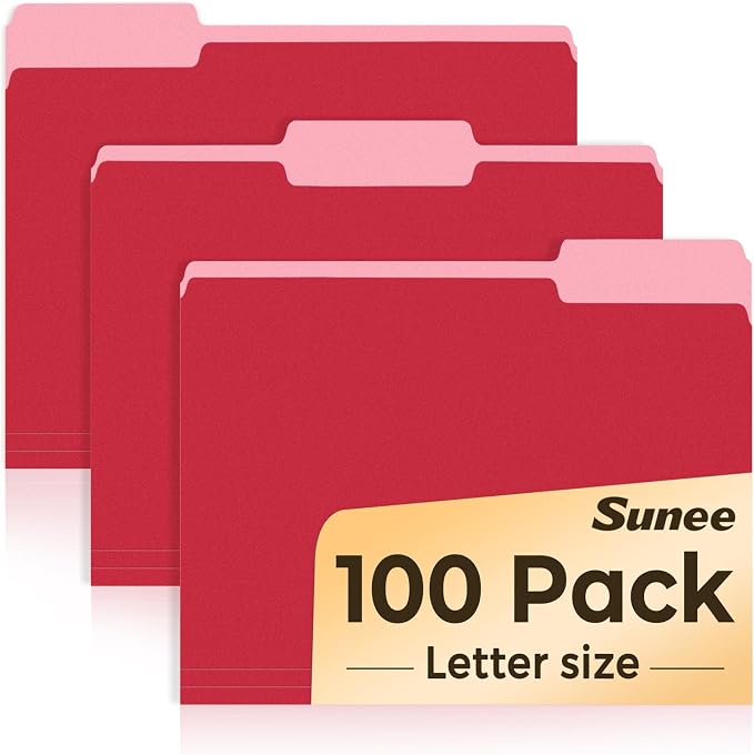 SUNEE File Folders Letter Size Red, 100 Pack Manilla Folders 8.5 x 11 1/3-Cut Tabs, Colored File Folders Office Home School for Documents Files Paper