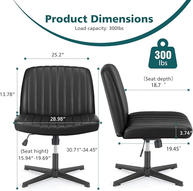 OLIXIS Criss Cross Chair, Vanity Chair, Home Office Desk | Armless No Wheels Wide Seat, Height Adjustable Swivel, Padded PU Leather, Bedroom Student Study, Black Dual Base