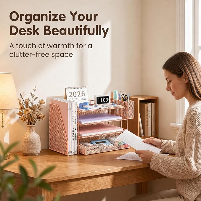 Desk Organizers and Accessories, 4-Tier Desktop File Organizer with Drawer and Pen Holders, Office Desk Accessories Workspace Organizers for Office Supplies (Rose Gold)