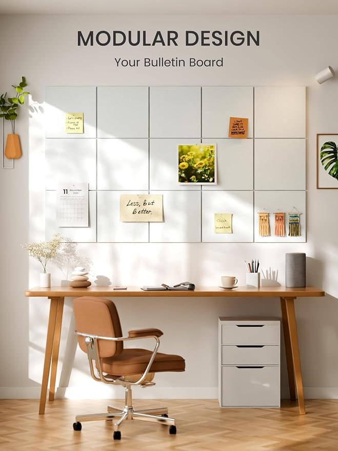 Bumusty 36" x 24" Large Cork Board Alternative, Cold White | 6-Pack Felt Bulletin Board Tiles, 60 Adhesive Tabs, 30 Pushpins, Home, Office, Classroom, Vision Board