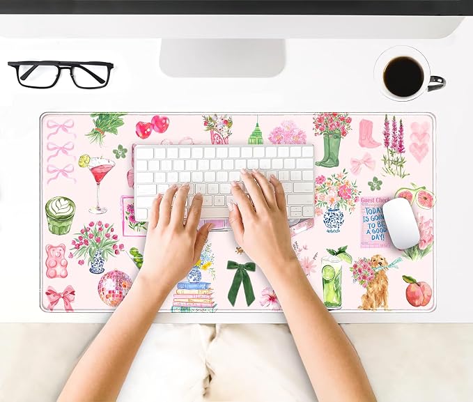 Pink Pastel Floral Desk Mat Cute Kawaii Retro Vintage XXL Large Mouse Pad Flower Desk Pad Mat Laptop Computer Keyboard and Mouse Mat Aesthetic Office Decor for Women Girl Teacher
