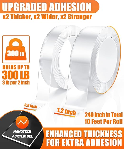 2 Rolls Double Sided Tape Heavy Duty - 240" x 1.2" & 0.8" - Removable Nano Tape for Poster Carpet Picture Hanging Strip Rug Wall Outdoor - Clear & Strong Adhesive Mounting Filament Tape - 20 Feet
