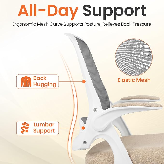 NEO CHAIR Office Computer Chair Ergonomic Mesh Back Flip-Up Arms, Beige | Lumbar Support, Smooth-Rolling Casters, Height Adjustable Seat, Comfortable Seating for Office, Study and Computer Work