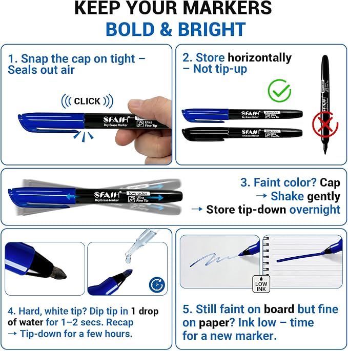 SFAIH Ultra Fine Tip Dry Erase Markers, 12 Colors, 24 Pack, 0.7mm, Low Odor | Easily Erases, Non-Toxic Ink, Perfect for Whiteboard, Calendars, Small Grids, Planners & Home Office, Non-Toxic
