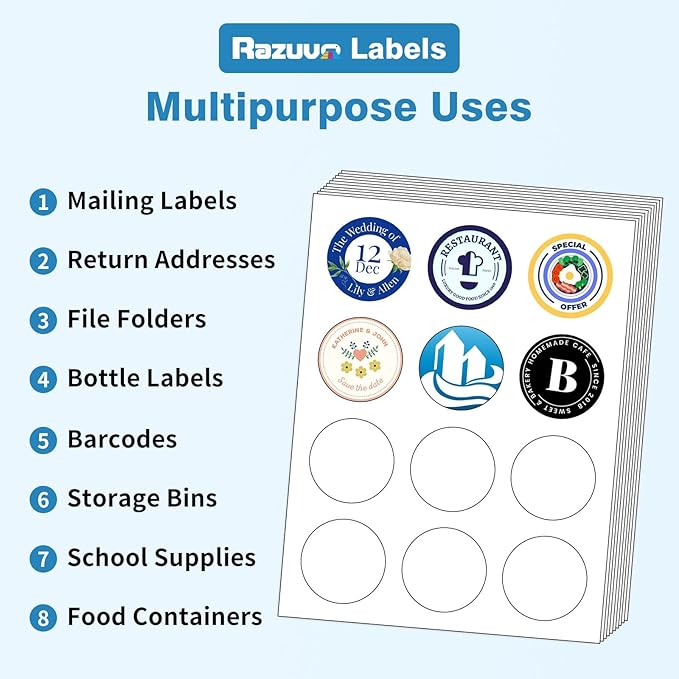 3" Round Blank Printable Labels, Adhesive Circles for Inkjet Printing | 6 Per Sheet, Matte White (Pack of 100), HB-C006