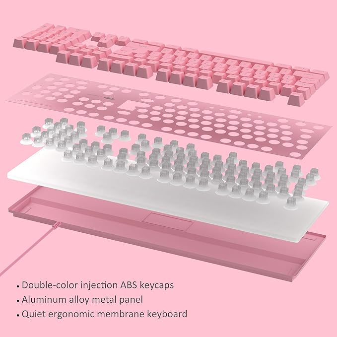 MageGee GT838 Gaming Keyboard and Mouse Combo, 104 Keys RGB Backlit Quiet Wired Keyboards for Laptop PC MAC, with Number Pad, Metal Panel, Anti-Ghosting, Pink