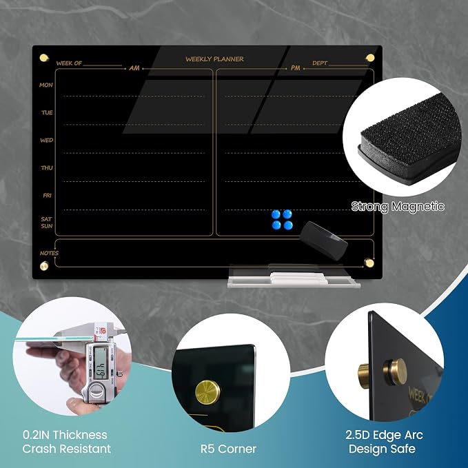 Glass Whiteboard 24"X36" Weekly Calendar Blackboard Magnetic Planner WritingBoard Dry Erase Board Frameless White Board for Office School Home Tray, 3 Marker,4 Magnets and 1 Eraser
