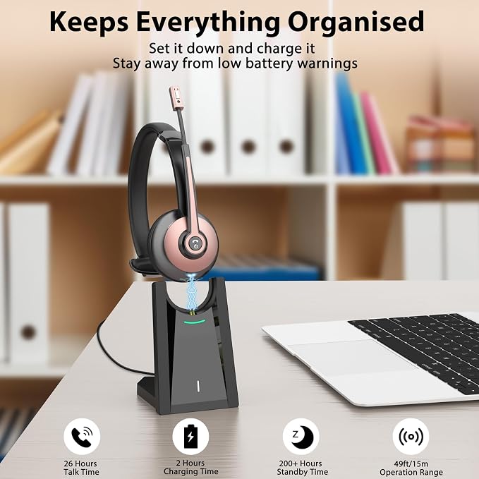 Bluetooth Headset, Wireless Headset with Noise Cancelling Microphone & Mute Function for Work, On Ear Wireless Headphones with USB Dongle & Charging Base for Work from Home Computer Office Call Center