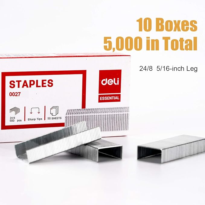 Deli 5,000 Staples, Fits Deli 40 & 60 Sheet Capacity Staplers, 5/16" Leg Length, Jam Free Sharp Chisel Point Design, 10 Boxes of 500 Staples