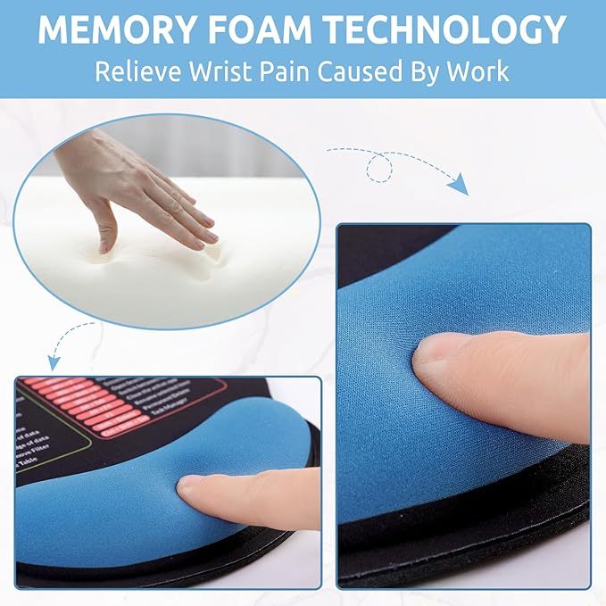 Ergonomic Mouse Pad with Wrist Rest, Small Excel Cheat Sheet Desk Pad with Windows & Office & Excel Shortcuts, Non-Slip Rubber Base Mouse Pads for Desk with Smooth Surface, Black Blue