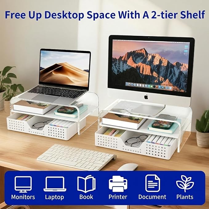 Desk Organizer and Accessories, 2-Tier Computer Monitor Stand Riser with Drawer and 2 Pen Holders, Laptop Stand, Office Desk Accessories for Office Supplies, 1 Pack, Transparent