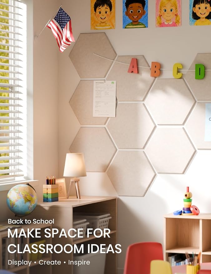 Fluxynara 12-Pack Hexagon Felt Bulletin Board Tiles, Oatmeal-1 | Cork Board Alternative with 60 Adhesive Tabs for Notes, Photos and Reminders in Home Offices, Dorm and Classrooms