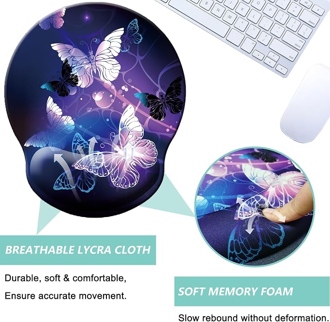 Mouse Pad with Wrist Support, Ergonomic Mouse Pad with Memory Foam Wrist Rest Cushion, Non-Slip Rubber Base Gaming Mice Pad for Home Office Computer Laptop, Butterfly