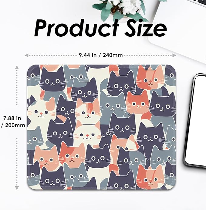 Mouse Pad with Stitched Edges - Cute Cat Mousepad for Women, 9.25 x 7.75 inch Washable Square Desk Pad, Non-Slip Rubber Base, Office Home Laptop Accessories - Meow Harmony