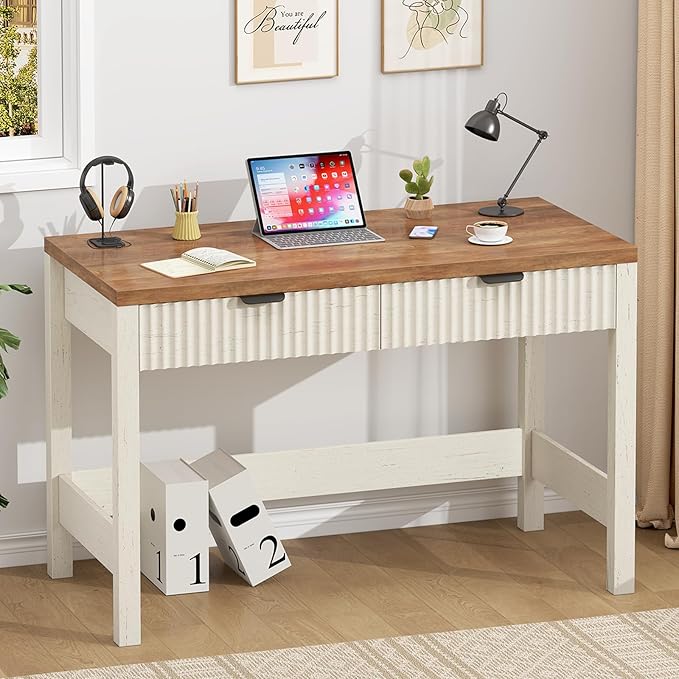 39 Inch Small Fluted Computer Desk with 2 Drawers for Bedroom, Home Office | Small Computer Desk with Storage, Compact Writing Study Desk for Small Spaces, Brown & White