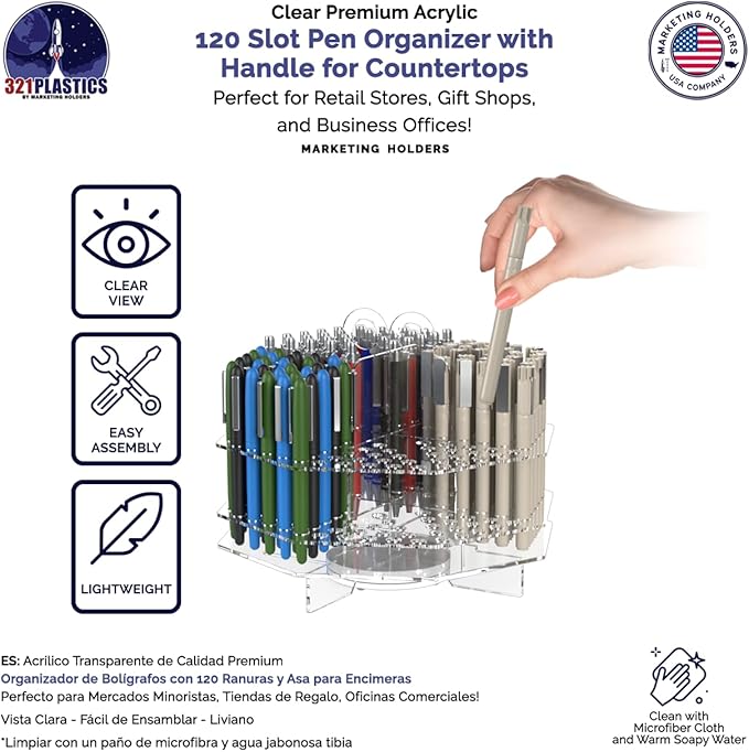 Marketing Holders 120 Slot Pen Holder Clear Acrylic Organizer Tabletop Display Color Pencils Makeup Brushes Utensil Office Craft Supply Retail Department Stores Spinning Stylish Practical and Easy
