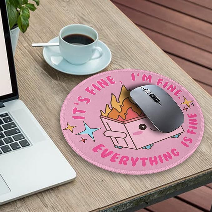 Pink Round Mouse Pad for Desk, Cute Office Decor for Women, Dumpster on Fire Small Mousepad，Stitched Edge Non-Slip Rubber Base, Personalized Computer Mouse Pads for Wireless Mouse，Desk Accessories