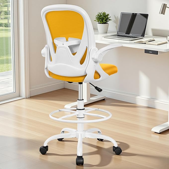 Drafting Chair Tall Office Chair with Flip-up Armrests Executive Ergonomic Computer Standing Desk Chair with Lumbar Support and Adjustable Footrest Ring (Mustard)