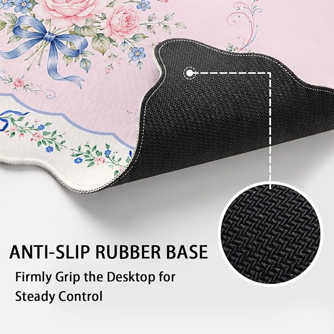 Shabby Chic Scalloped Desk Mat Pastel Blue Bow Pink Rose Floral Extended Gaming Mouse Pad Mat with Stitched Edge Non-Slip Base Big Mouse Pad Office Computer Keyboard Laptop Home 31.5"x15.7"