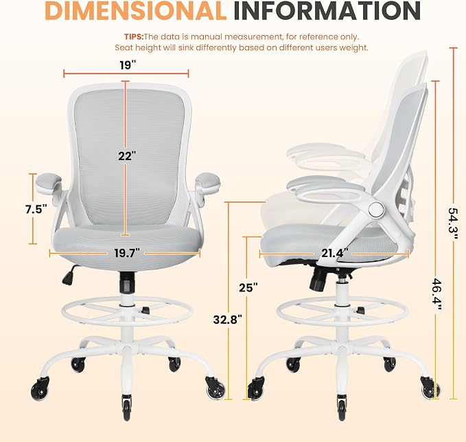 Drafting Chair Tall Office, Ergonomic Standing Desk Stool Adjustable Drafting Chair Big Tall Drafting Office Chair White