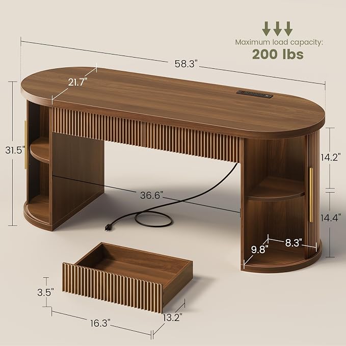 SEDETA 58.3" x 21.7" Fluted Office Executive Desk with 2 Drawers Storage | Brown Long Computer Desk with 2 Sliding Doors Shelves and Power Strip, Wood Curve Desk for Work, Writing, Study
