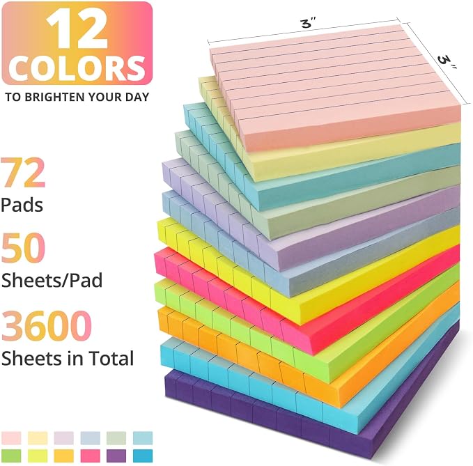 Taja Lined Sticky Notes, 72 Pads, 3 x 3 Inches, 50 Sheets/Pad, Bright | Bulk Sticky Notes with Lines for Office, Study & Daily Organization, Self-Stick Note Pads for Notes and Reminders