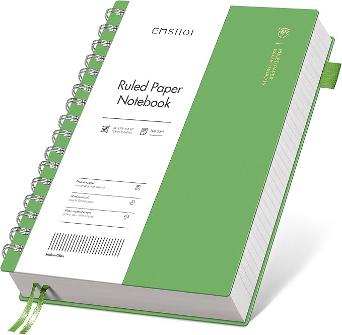EMSHOI Lined Spiral Journal Notebook, 300 Pages, A5 Size (5.7'' x 8.2'') | College Ruled, 100 GSM Thick Paper, Flexible Plastic Cover, for School, Writing, Work, Office & Journaling (Green)