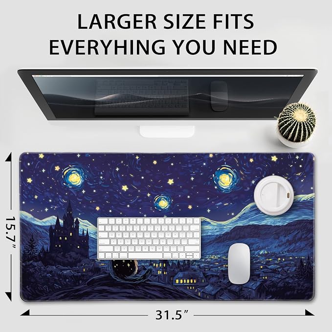 Starry Night Cat Large Gaming Mouse Pad Desk Mat 31.5"x15.7" | Extended Mousepad, Non-Slip Rubber Base , Stitched Edges, for Computer/Laptop/Office/Home