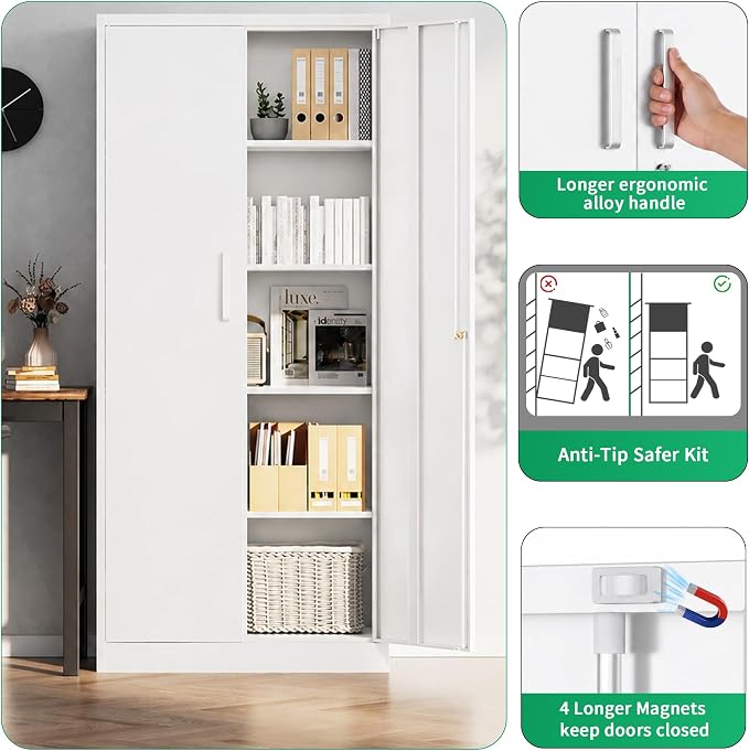 Metal Storage Cabinet with Locking Doors, 71" Tall Steel Locker Organizer with Adjustable Shelves, Garage Utility Cabinet for Home, Office, Shop, and School