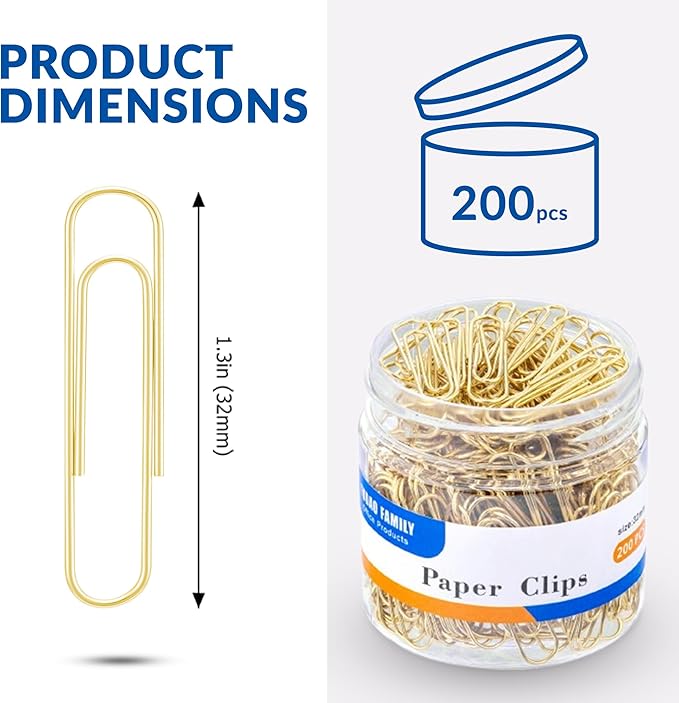 FUDAO FAMILY Medium Paper Clips, 200-Count, Paperclips, Gold Paper Clips, 1.3 Inch (32mm) Paper Clip